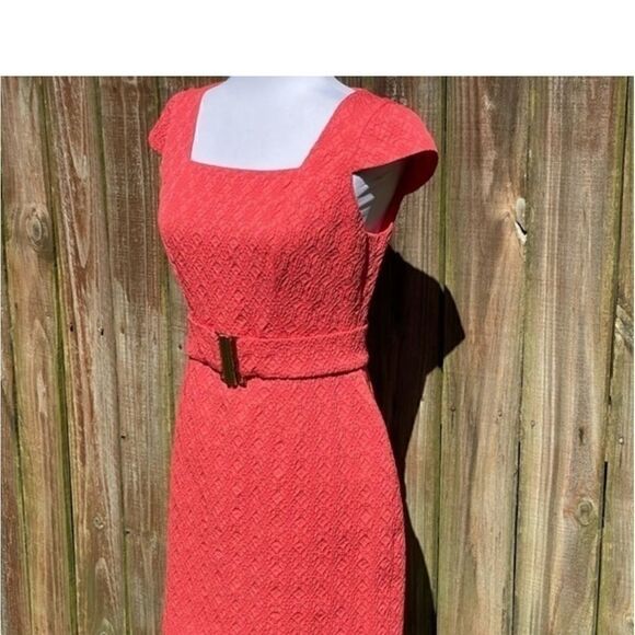 Kay Unger Deep Coral Textured Gold Belted Dress - Picture 11 of 16